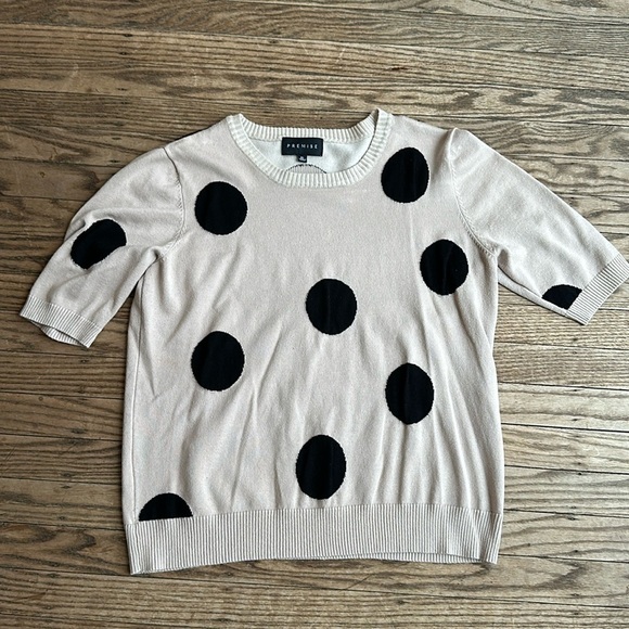 Premise Womans Tan Black Polka Dot Short Sleeve Sweater XL EUC - Picture 1 of 3